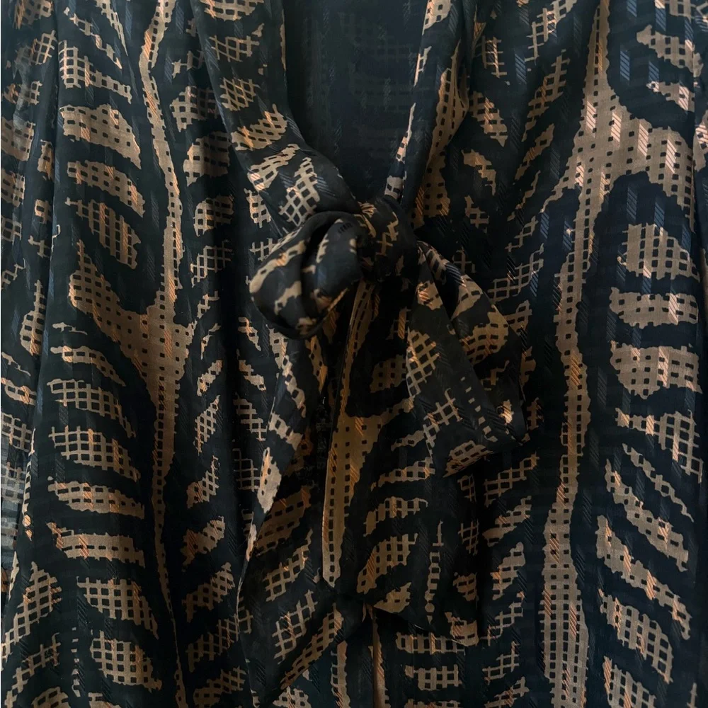 Tory Burch Silk Blend Printed Tie Neck Blouse Black Brown Size 12